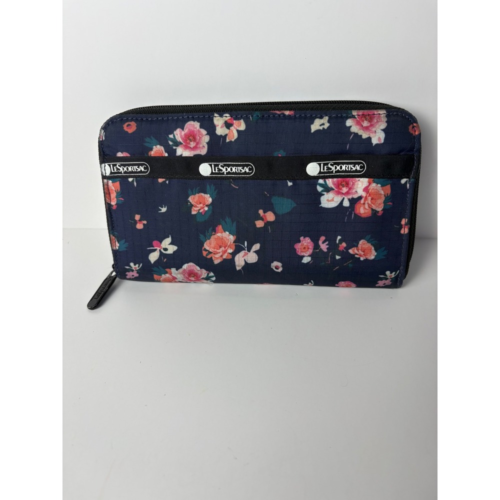 LeSportsac Tech Wallet Navy Blue Floral Zip Around Nylon Organizer